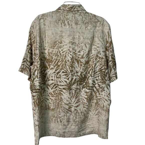 Tasso Elba Shirt Men's Size Large Silk Linen Blend Tropical Hawaiian Brown Beige - Picture 2 of 5
